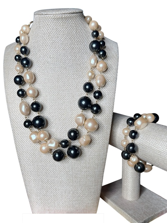 Jewelry - Pearl and Black Bead Double Strand Necklace & Bracelet Set